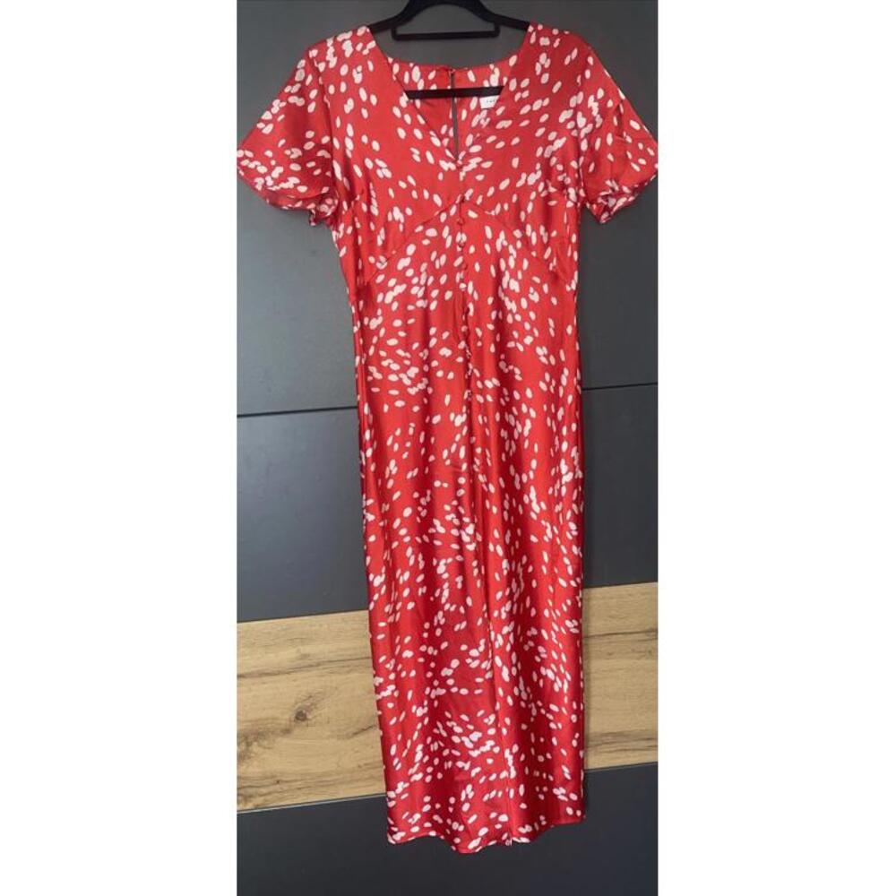Topshop Red Silky Polka Dot Button Down Midi front slit  Dress Size 10